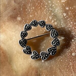 Vintage Sterling Silver Marcasite Heart Wreath Brooch